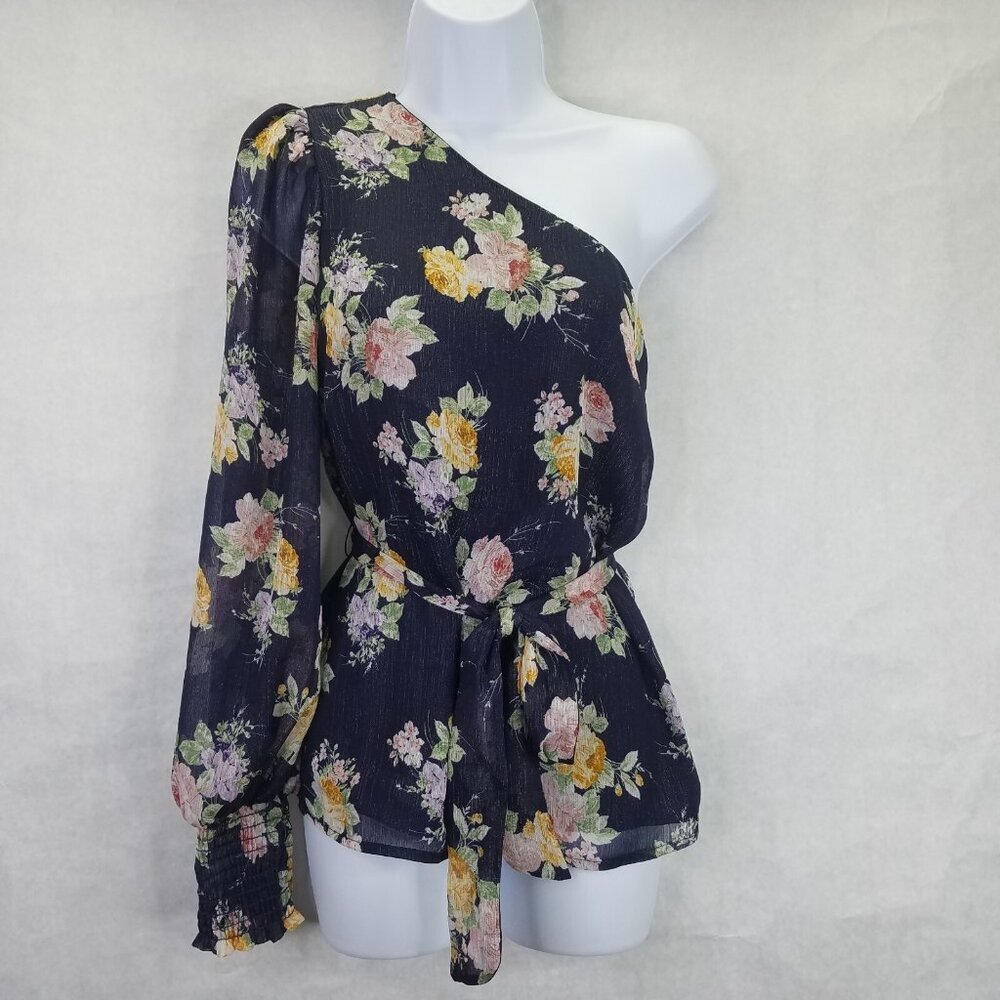 GIBSON LOOK Blouse Women XS One Shoulder Tie Waist Black Floral Side Zip Top NEW